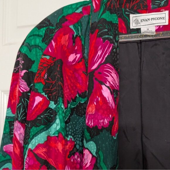 Vintage Evan Picone Silk Floral Jacket Womens Size 18 XL Green Open Cardigan - Picture 3 of 10